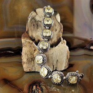 New BALINESE Silver & Gold Canary Yellow Crystal Chunky Cable Bracelet
